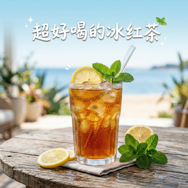 夏日清爽场景，一杯装满冰块的冰红茶玻璃杯，琥珀色茶汤清澈透亮，杯壁挂满水珠，旁边点缀新鲜柠檬片和薄荷叶，背景是淡蓝色渐变，上方有显眼的文字“超好喝的冰红茶”，整体风格清新明快，充满夏日氛围感预览效果