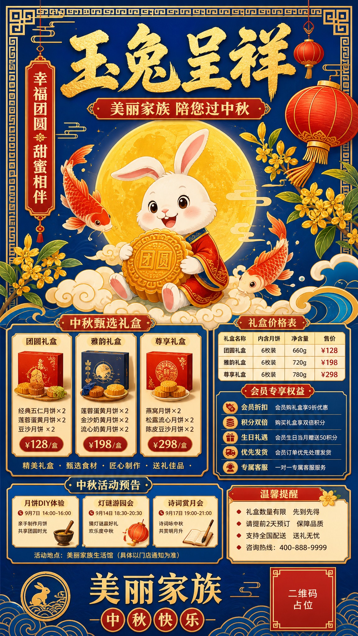 国潮扁平插画风格的中秋节宣传海报，竖版构图，宝蓝与朱红撞色、明… - 图片创意预览