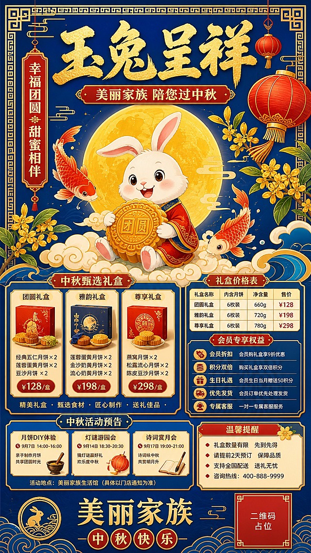 国潮扁平插画风格的中秋节宣传海报，竖版构图，宝蓝与朱红撞色、明黄点缀，活泼喜庆。主视觉为一只卡通玉兔抱着金色月饼坐在祥云上，背后一轮大圆月，周围红灯笼、锦鲤、桂花与传统回纹边框，几何化矢量图形层次丰富。顶部大字标题「玉兔呈祥」，副标题「美丽家族 陪您过中秋」，左侧竖排标签「幸福团圆 甜蜜相伴」，底部品牌名「美丽家族」配「中秋快乐」与几何印章。版式精美，信息分区明确，四边留安全边距，所有文字清晰可读。画面中所有信息区域、套餐卡片、价格表格、权益列表、对比模块、福利条目、课程大纲、议程、嘉宾介绍区等必须填充完整合理的内容，不得出现空白框、空白占位、横线待填写区域、空列表项、空单元格；用户未提供具体内容时，基于海报主题和场景合理补全典型内容，确保是完整可用的成品海报而非待填写模板。画面中所有二维码区域使用纯色方块占位符呈现，方块中央标注"二维码占位"文字，严禁生成任何可识别的二维码图案。