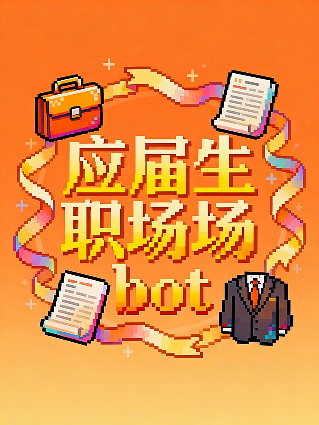 8位像素艺术风格标识设计，“应届生职场bot”像素宋体连笔字体采用黄色渐变，搭配像素化公文包、文档、西装等装饰元素。橙色渐变背景，风格融合复古像素，传递可爱温馨质感。色调以橙黄色色系渐变为主，柔和甜美。中心构图，文字与装饰元素集中于画面中心。细节要求：文字为像素块状字体，装饰元素像素化且带渐变，整体复古少女感十足。文字排版：周围环绕像素装饰，布局活泼有设计感、艺术连体感。突出字体，图案弱化，字体有丝带连接，飘逸、艺术、夸张