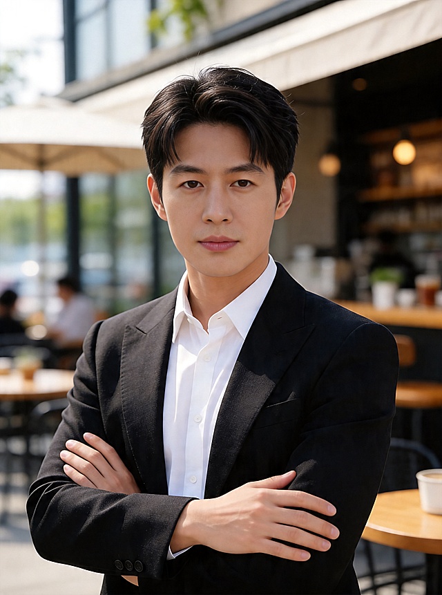 保留人物（男生正脸直视，白色衬衫+黑色西服，双手抱胸站姿上半身）不变，将背景更换为户外咖啡馆场景，自然明亮光线，背景虚化景深效果，保留人物原有脸型发型年龄特征，高清写实，4K分辨率