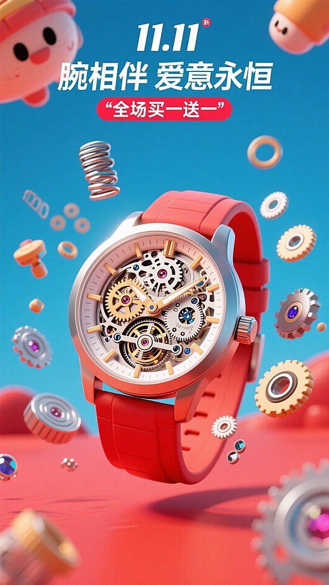 背景是充满艺术感的哑光正红色。一款精致的腕表以爆炸图（解构）的形式悬浮在画面中，其内部的齿轮、弹簧、宝石轴承等零件优雅地散落在周围，仿佛时间被瞬间定格，展现精密机械之美。
上方小标题“11.11”的logo，巨大的主标题“腕相伴 爱意永恒”采用现代感极强的几何无衬线字体，与机械的精密感相呼应。副标题“全场买一送一”如同图注一样清晰排列。整体设计前卫、高端，能极大激发机械表爱好者的兴趣。