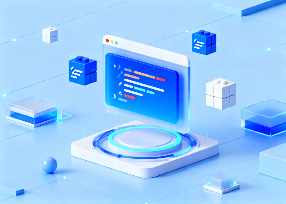 金融IT科技风格图片，适用于网站宣传，低代码金融应用开发，天蓝色科技背景搭配模块化积木代码块，高效开发科技感预览效果