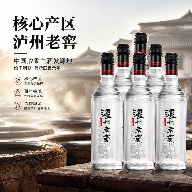 [主图-2] 泸州老窖核心产区溯源主图。保持六瓶酒整体外观瓶身文字和输入图一致，六瓶斜向排列放在右侧，背景融入泸州白酒产区百年窖池场景，自然虚化不抢主体。左上黑色大字核心产区 泸州老窖，左文右图经典排预览效果
