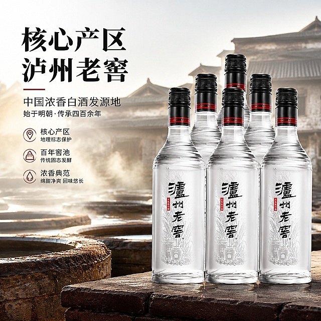 [主图-2] 泸州老窖核心产区溯源主图。保持六瓶酒整体外观瓶身文字和输入图一致，六瓶斜向排列放在右侧，背景融入泸州白酒产区百年窖池场景，自然虚化不抢主体。左上黑色大字核心产区 泸州老窖，左文右图经典排版。商品占比约60%，主体清晰，窖池氛围衬托产地优势。自然柔和光线，突出玻璃瓶通透质感。浅灰色调搭配窖池深棕色，文字对比清晰。1:1比例，超高清商业摄影。负向提示词：变形，遮挡主体，改变瓶身，日期新鲜文字，水印