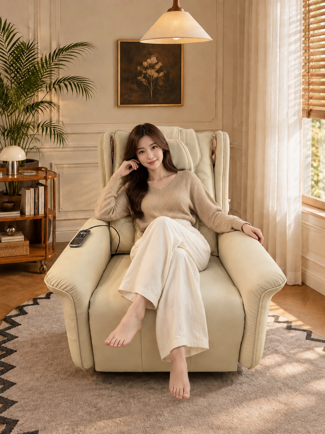 在图中沙发上添加一位年轻东亚女生，深棕色长发，身穿浅卡其针织上… - 图片创意预览