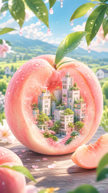 夏季水果创意插画，9:16竖版海报构图，画面中不要出现任何文字。主体是一颗粉嫩多汁的水蜜桃，位于画面中央。桃子中间挖开一半，果肉内部是一个微型住宅区场景，几栋现代高楼和住宅楼，带小窗和绿植。上方点缀桃预览效果