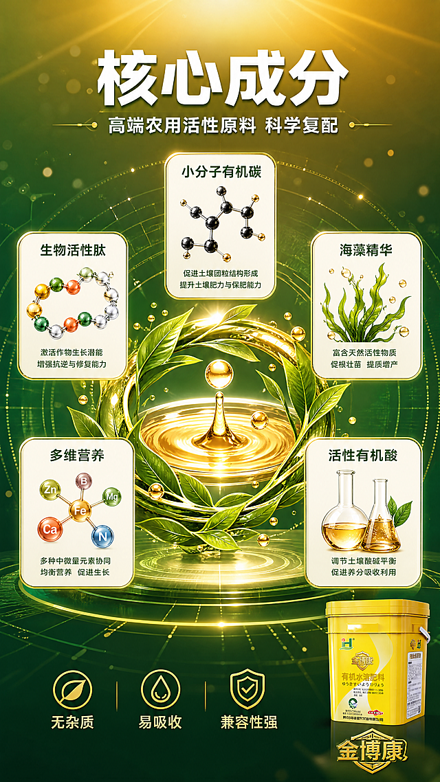 [第3张] 详情页核心成分-金博康高端农用活性原料成分展示。本张使用【图1】中黄色桶装产品作为商品主体（小尺寸露出）。保持黄色塑料桶、金博康logo与"有机水溶肥料"字样一致。
[氛围/风格] 科技成分风，半写实半插画，金黄+翠绿，清晰图解，专业可信。
[元素布局] 画面中央为由叶片与金色营养液元素构成的圆形展示台；周围环绕五个圆角成分卡片，每卡配图标：「小分子有机碳」（碳分子图标）、「生物活性肽」（肽链图标）、「海藻精华」（海藻图标）、「多维营养」（维生素分子）、「活性有机酸」（烧瓶图标）；右下角放置小型金博康黄色产品桶；背景为深绿到金黄渐变，有科技感光点。
[光影质感] 成分图标有轻微反光质感，卡片拱形悬浮有阴影，中央营养液有液体光泽，整体科技感强。
[配色色系] 全局底色 #1B5E20（深绿）到 #F9A825（金黄）渐变；主色金黄 #F9A825；辅助色翠绿叶片、白色卡片、深绿文字。
[视角构图] 中心成分环+四周卡片构图，产品桶在右下，阅读动线从顶部标题 → 成分环 → 四周卡片。
[文字版式] 顶部主标题「核心成分」，副标题「高端农用活性原料 科学复配」，白色粗黑体居中；五张成分卡白底深绿字：「小分子有机碳」「生物活性肽」「海藻精华」「多维营养」「活性有机酸」；底部补充小字「无杂质 易吸收 兼容性强」；右下角产品桶旁标注「金博康」；文字清晰不遮挡主体。
[比例分辨率] 9:16 竖版比例，4K 分辨率，文字清晰可辨，高清画质。
[负向提示词] 文字错乱，水印，图标怪异，桶身变形，颜色偏差，画面模糊，成分卡片错位。