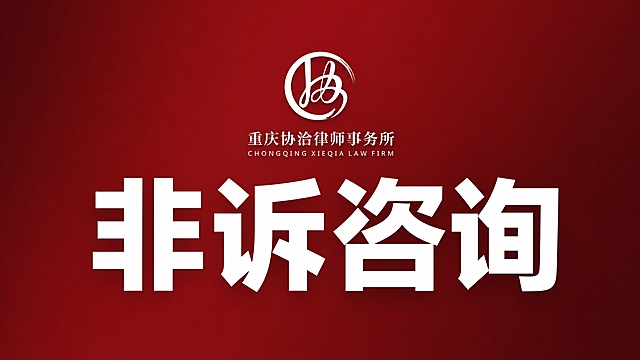 团购商品封面图，16:9横版比例，背景为深红色渐变（与参考logo的酒红色一致），画面中央偏上位置有一个较小的圆形logo作为点缀，logo下方是超大号白色粗体主文案"非诉咨询"，字体醒目清晰，占据画面主要视觉重心。整体设计简洁大气，专业商务风格，确保画面中间1:1正方形区域内包含完整的logo和主文案，前端截取中间部分展示时内容完整、文案清晰可读。