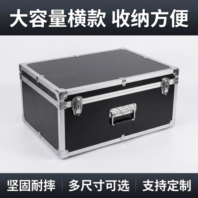黑色横款铝合金工具箱淘宝主图，简约专业风格，顶部核心信息区白色加粗大字“大容量横款 收纳方便”，深灰色渐变背景，中部商品展示区以45°侧视角度展示黑色横款铝合金工具箱，清晰展示金属把手、锁扣和包角细节预览效果
