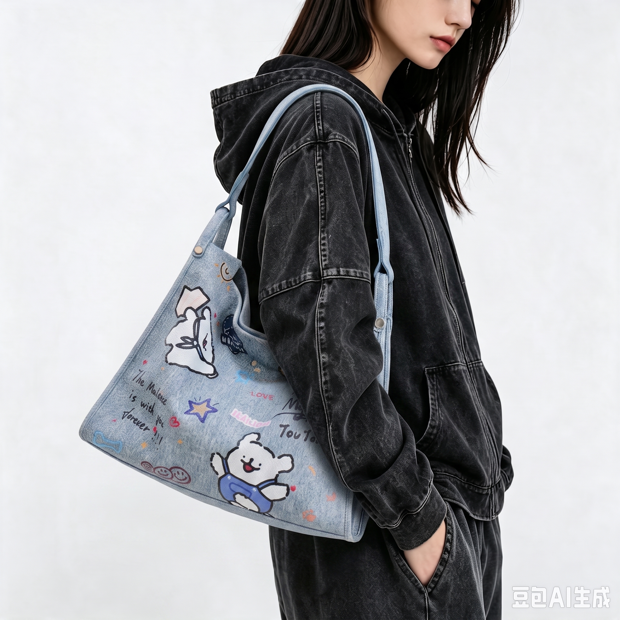 请将参考图1的【浅蓝色牛仔涂鸦卡通包】1:1 还原其所有细节，… - 图片创意预览