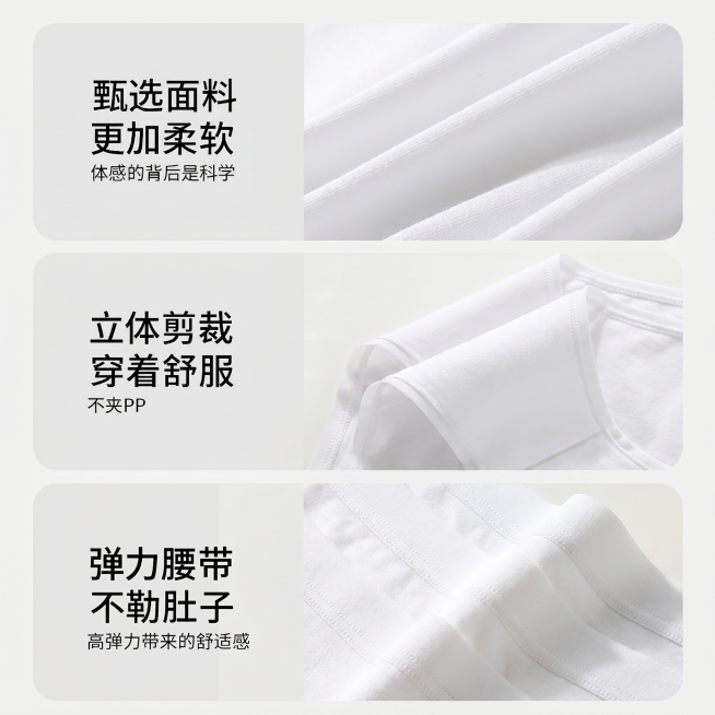 将图中所有彩色面料和内裤布料的颜色全部修改为纯白色，保持所有布料的原有纹理、褶皱、裁剪结构和画面整体排版构图不变，保持所有文字、色块背景不变，只修改颜色为纯白色，保留原有材质纹理和光影效果，细节不变预览效果