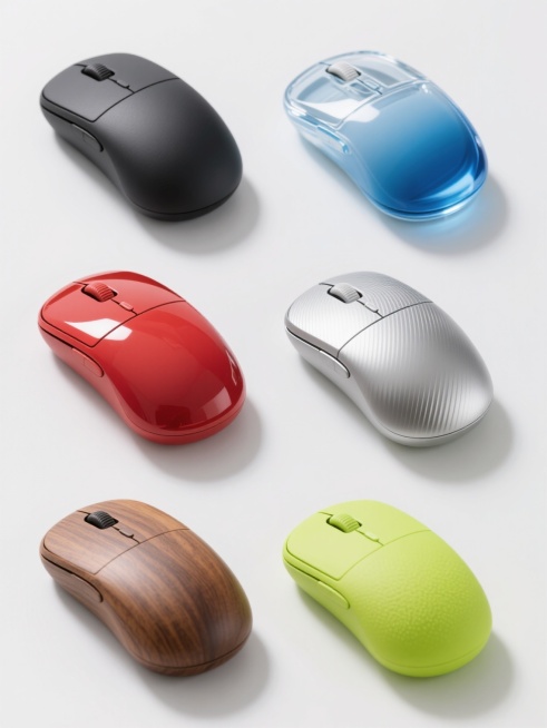六款不同设计的无线鼠标产品展示图，保持相同的简约对称流线型机身轮廓和基础结构，白色背景，整齐排列成两行三列。第一款为磨砂哑光质感纯黑色鼠标，表面细腻无光泽；第二款是透明渐变蓝色鼠标，半透明材质带有从浅蓝到深蓝的渐变效果；第三款为金属银色拉丝质感鼠标，表面有细密的金属拉丝纹理；第四款是亮面红色烤漆鼠标，高光表面反射光泽；第五款为木纹质感棕色鼠标，表面呈现自然的木材纹理；第六款是荧光绿色磨砂材质鼠……预览效果