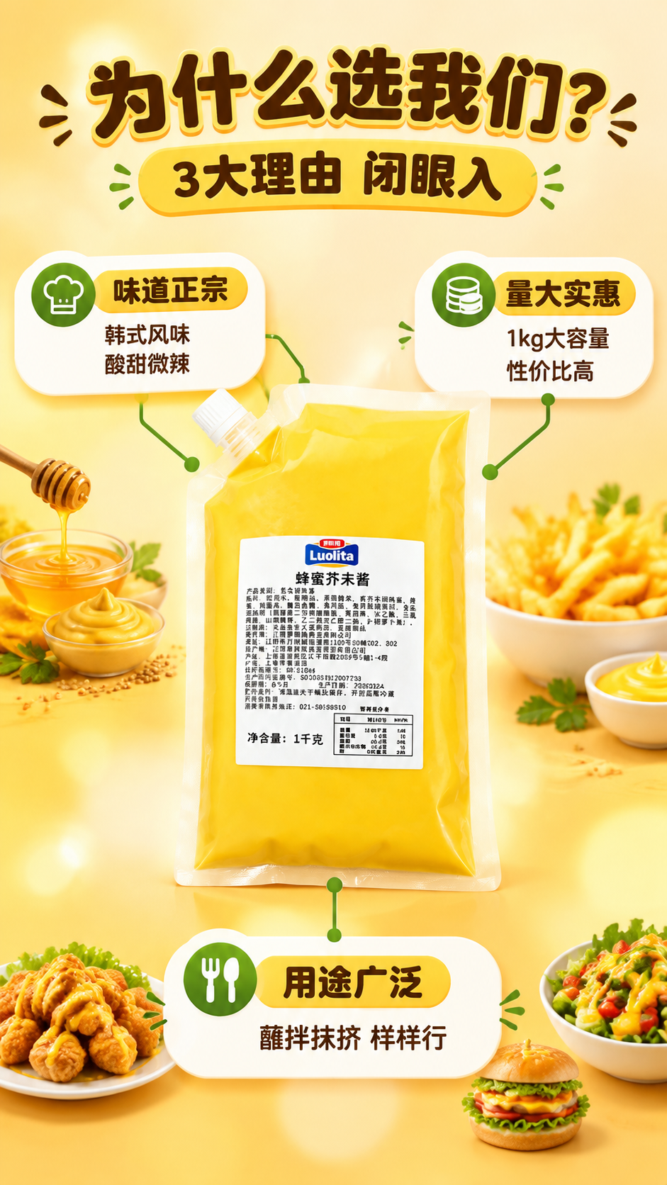 [商品] 使用【图1】罗丽塔蜂蜜芥末酱1kg吸嘴自立袋包装；保… - 图片创意预览