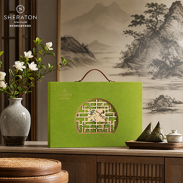 【场景图-5】中式客厅玄关端午节礼盒送礼场景展示图
礼盒严格参照上传产品图，完整保留所有可见组件、轮廓、结构、比例、材质、颜色与产品本体上的文字信息（logo / 型号 / 规格 / 参数 / 浮雕 / 刻度等），与上传图完全一致；自然融入场景光影，与场景共处同一物理空间。
风格：典雅中式家居送礼场景
画质：商业摄影质感，温馨高清，柔和通透
元素：粽享喜悦礼盒放置在浅色中式玄关柜面上，旁边搭配一瓶新鲜栀子插花和一对蒲团，背景是水墨山水装饰画，营造高端端午送礼氛围感。礼盒完整展示，主体清晰突出。
光影：柔和室内自然光，暖调温馨，营造节日氛围感
配色：木色、米白、水墨灰、花青，雅致国风配色
视角构图：平视 slightly 仰视，景深适中突出礼盒
文字：左上角保留品牌logo，整体布局协调自然。
比例分辨率：1:1 比例，4k 分辨率，文字清晰可辨，超高清画质。
负向提示词：变形，水印，文字错乱，产品模糊，背景杂乱
严格锁定宽高比为 1:1
