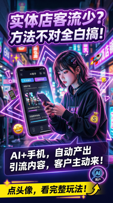 小红书风格竖版营销海报，顶部用紫色渐变加粗字体写着“实体店客流少？方法不对全白搞！”，中间展示AI工具操作手机生成文案和视频的场景，搭配霓虹风格的装饰线条，下方用白色字体写着“AI+手机，自动产出引流预览效果