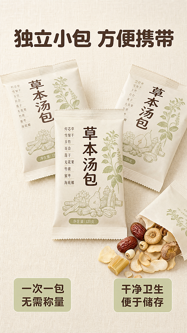[第6屏] 独立小包装细节展示，展示产品内包装设计和便携性。
[氛围/风格] 清晰产品展示风，柔和光线，突出包装细节，真实可信。
[元素布局] 一张独立小包装汤包放在画面中心，占据画面60%主体位置，保持长方形独立包装结构，包装上印有产品名称和原料简化图。包装旁边摆放2-3个未拆封的小包装错落排列，背景是浅米色麻布纹理，右下角放撕开包装倒出的原料特写，展示内部原料真实状态。包装整体设计风格和配色保持和前面页面一致。
[光影质感] 均匀柔和顶光，包装纹理清晰，文字印刷清晰可见，边缘有自然投影，整体干净突出产品细节。
[配色色系] 全局底色：#F8F5F0（浅米色）；主体配色：米白色包装+深棕文字+浅绿装饰；辅助色：延续深棕、浅绿配色不变。
[视角构图] 中心平视构图，主体独立小包装居中，周围错落搭配其他小包和原料特写，层次清晰。
[文字版式] 顶部大标题「独立小包 方便携带」深棕色圆角粗体字居中；左下角和右下角分别标注两个卖点：「一次一包 无需称量」和「干净卫生 便于储存」，均为浅绿色圆角底+深棕色文字。字体使用圆角粗体标题+同家族无衬线正文，仅使用深棕、浅绿两种字色，纯色填充字效，风格统一。
[比例分辨率] 9:16竖版比例，4K分辨率，文字清晰可辨，超高清。
[负向提示词] 包装变形，文字模糊，排版杂乱，颜色偏差，水印，违规极限词。