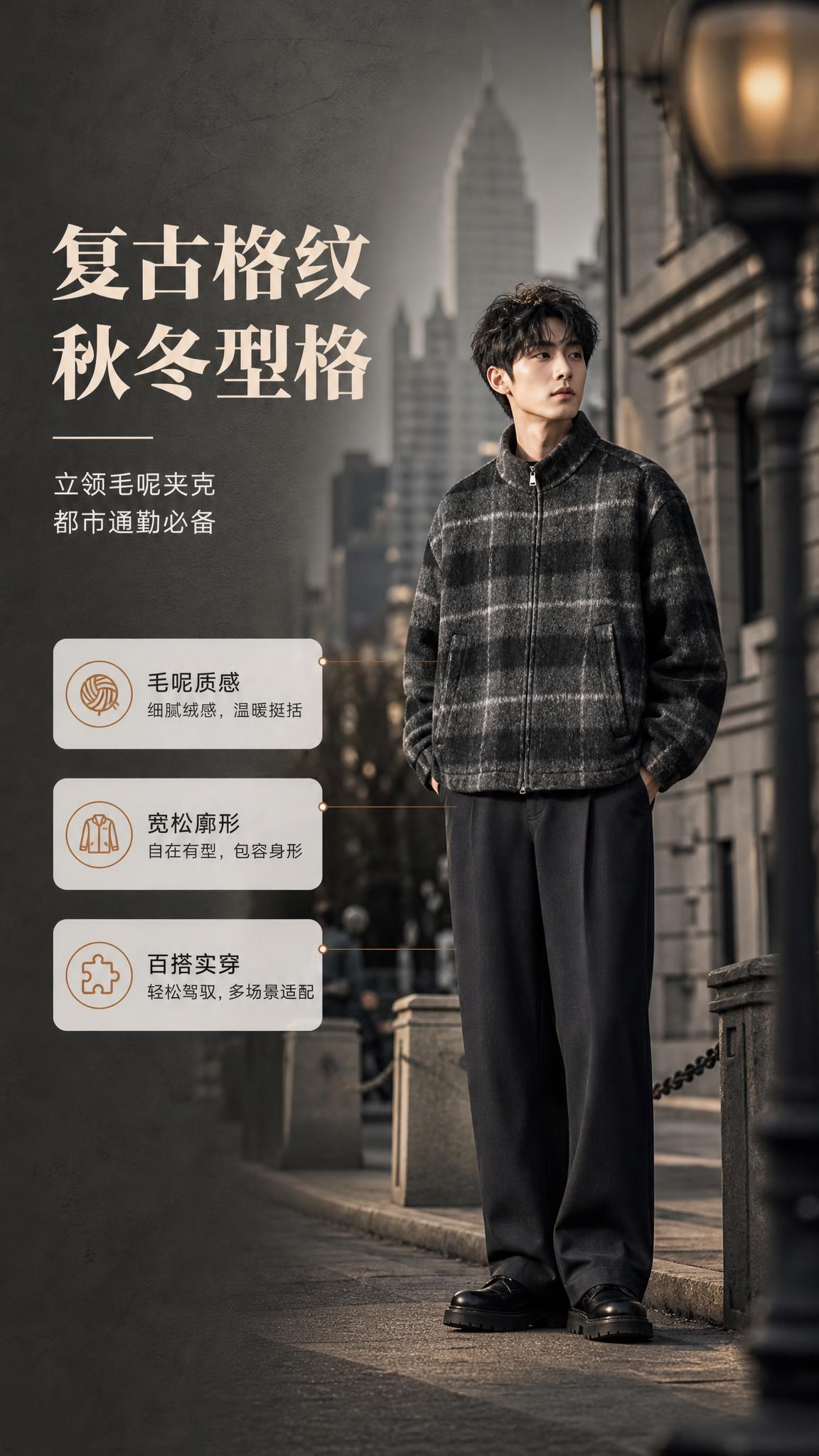 [商品] 使用【图1】黑灰格纹立领毛呢夹克外套；商品处理：保留… - 图片创意预览