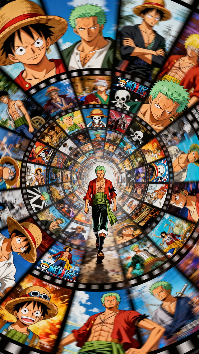 画面中有许多经典索隆场面呈螺旋状排列，主人公草帽一伙在旋转的海报中行走。固定聚焦在他身上，周围呈现朦胧模糊、涂抹、拖影的效果。