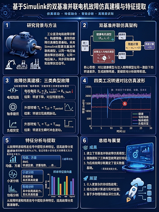 故障仿真建模
搭建双基准并联仿真模型，通过修改参数模拟三类故障：
 
1. 电枢短路：更改电枢电阻，转速下降、残差抬升；

2. 轴承磨损：叠加周期性转矩，转速高频脉动；

3. 负载突变：阶跃载荷输入，转速瞬时冲击波动。
配图：自贴四类工况转速对比仿真波形
