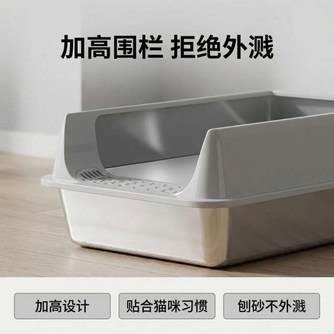 [主图 2] 核心卖点功能展示-加高防外溅
[氛围风格] 现代简约居家宠物用品风
[画面元素] 商业摄影质感、光线柔和通透、产品清晰真实、画面干净高级。保持原有不锈钢猫砂盆产品外观完全不变，采用半场景预览效果