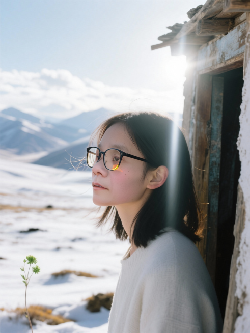 镜头缓缓推进，最终定格在一张年轻女子的面部特写上。
她（戴着黑框眼镜）站在青藏高原边缘一座废弃牧民小屋的门槛上，晨光初破云层，天色清冽如洗。海拔四千米的空气稀薄而透明，阳光未经尘世过滤，直直倾泻而下，预览效果