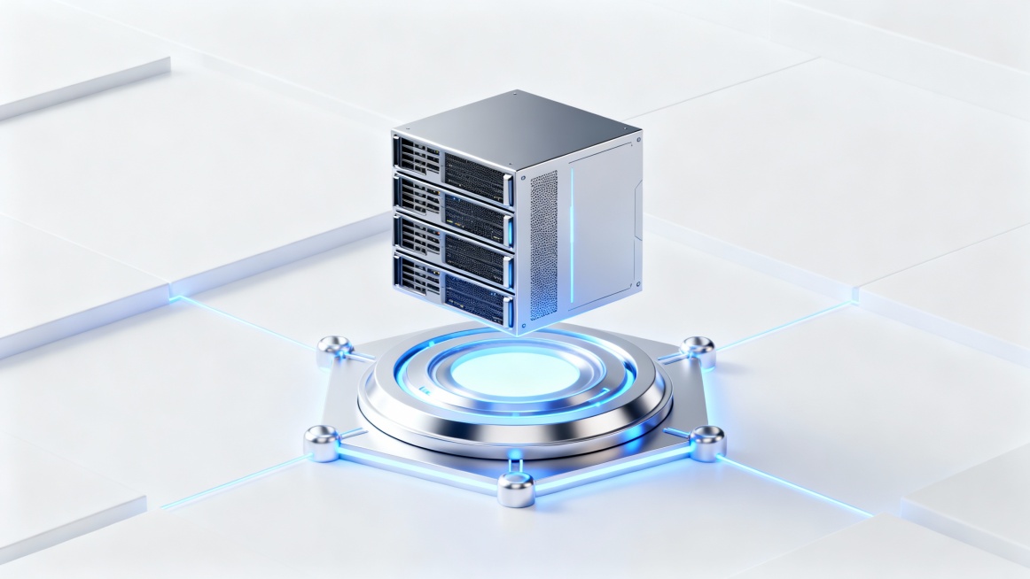 Web3 infrastructure visualization, floating server blocks above a luminous decentralized network bas预览效果
