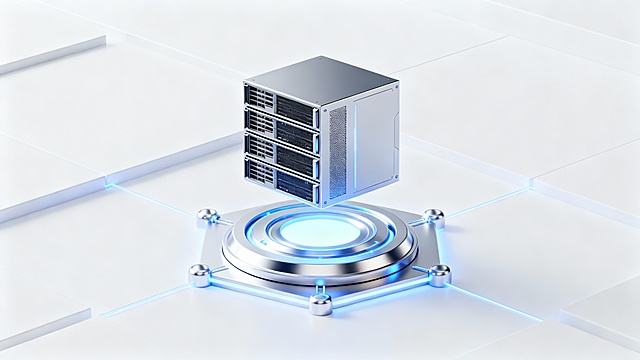 Web3 infrastructure visualization, floating server blocks above a luminous decentralized network base, sleek white environment, advanced cyber technology style, premium 3D render, no text, 16:9