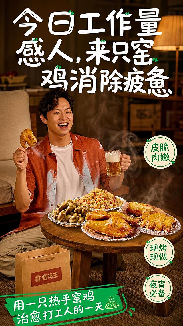 参考第一张图的手绘大字海报风格与版式骨架，将产品替换为第二张图中的窑鸡美食，重新生成一张竖版美食海报。画面整体为暖色调居家夜宵治愈氛围，暖黄色灯光，热气腾腾的烟火气。

【版式骨架参考第一张图】：
- 顶部大面积主标题区，白色粗圆体手绘风格大字，带绿色小叶子装饰点缀
- 中下部为美食产品区，多盘窑鸡及配菜摆放在木质小圆桌上
- 左下角有绿色斜切底栏，内含白色手写风格副标题

【主标题】（画面上半部分，白色粗圆手绘大字，分多行排列，带绿色小叶子装饰）："今日工作量感人，来只窑鸡消除疲惫"

【产品区】（画面中下部）：以第二张图的窑鸡为主体，皮脆肉嫩的金黄色窑鸡摆放在锡纸盒中，旁边搭配鸡杂、炒饭、窑鸡翅等丰富菜品，一只手拿着鸡腿，另一只手端着啤酒杯，居家客厅地毯场景，背景有沙发和置物架，暖黄色灯光营造温馨夜宵氛围，热气腾腾的食欲感。窑鸡王牛皮纸袋在前景地面。

【底部绿色斜切标签】（左下角，绿色底白字手写风格）："用一只热乎窑鸡 治愈打工人的一天"

【卖点小标签】（分散在产品周围空白处，圆形或圆角矩形小标签）："皮脆肉嫩"、"现烤现做"、"夜宵必备"

【品牌】窑鸡王logo及文字在画面中自然呈现

整体风格：写实商业摄影+手绘大字标题结合，暖色调，温馨治愈，食欲感强，烟火气，版式精美，文字清晰可读，9:16竖版比例。