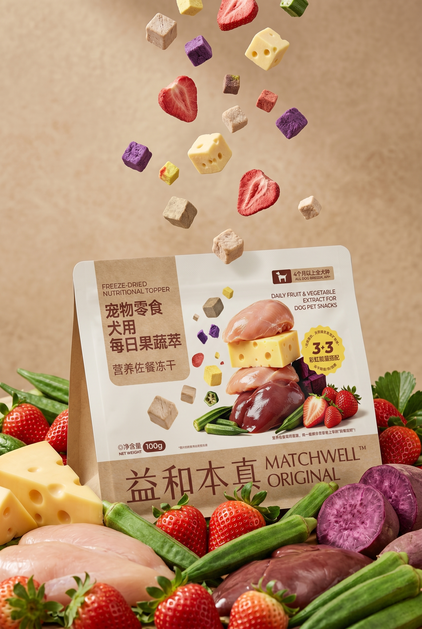 电商营销场景视觉，产品包装稍微斜着嵌在一堆果蔬食材中间，有草莓… - 图片创意预览