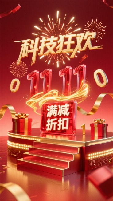 红色渐变背景中融入金色数字流（显示 “11.11”“满减”“折扣” 等字样），中央是红色玻璃质感立体字 “1111”，字体内部有金色光效流动；上方用金色未来风艺术字 “科技狂欢”，周围环绕发光的红金礼预览效果