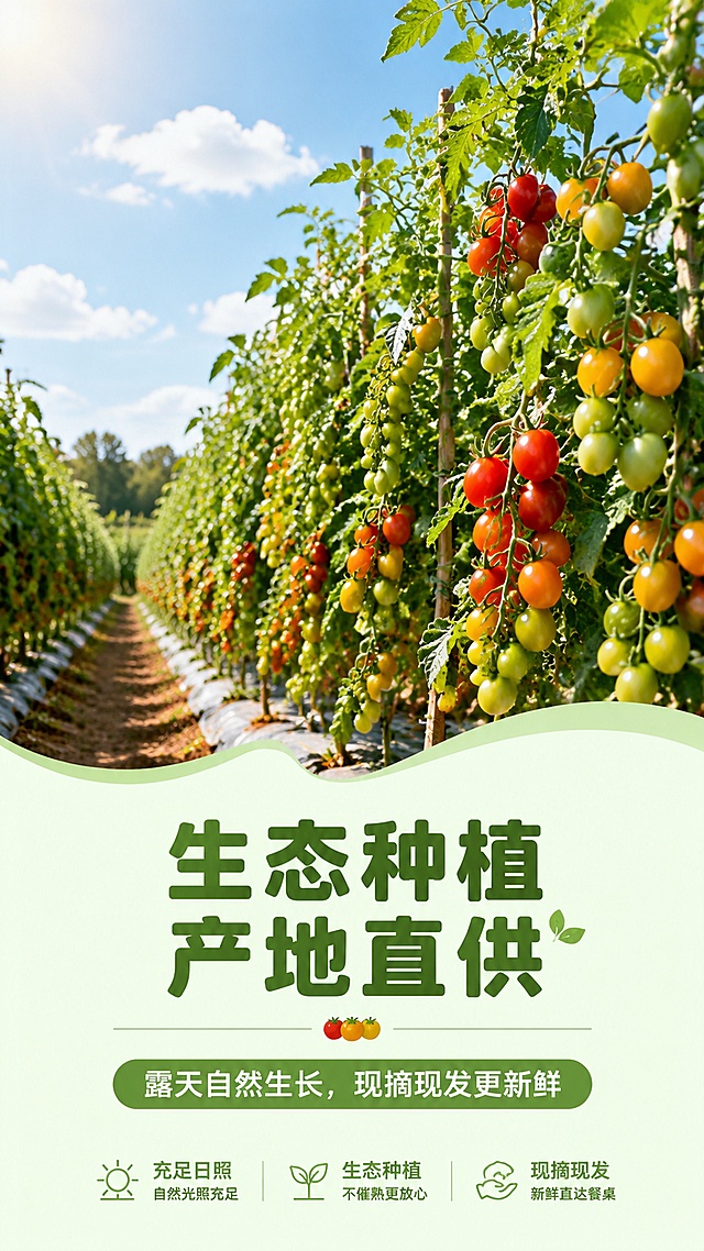[第2屏] 产地展示屏-露天生态种植园多彩小番茄产地介绍。
[氛围/风格] 自然清新田园风，开阔舒展，原生态质感。
[元素布局] 上半部分展示阳光明媚的露天番茄种植园实景，挂满果实的绿色藤蔓占主画面，占比超过60%；下半部分留白放置文案信息，核心信息放大突出占屏；整体层次分明，田园氛围感强。
[光影质感] 自然日光，明亮通透， shadows柔和，突出田园生机感。
[配色色系] 全局底色 #F2F9EB，主色藤蔓鲜绿色，辅助色土壤棕色、白色文字块。
[视角构图] 全景开阔视角，上景下文，阅读自然流畅。
[文字版式] 主标题「生态种植 产地直供」，副标题「露天自然生长，现摘现发更新鲜」，圆角黑体，居中对齐；文字清晰不遮挡核心种植场景，保持全套统一字体风格。
[比例分辨率] 9:16 竖版比例，4K 分辨率，文字清晰可辨，高清画质。
[负向提示词] 文字错乱，文字过小，场景杂乱，果实变形，水印。