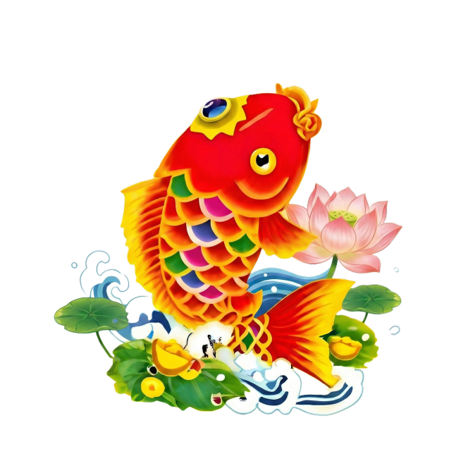 鲤鱼保持不变，荷叶元素可以少一点，有一朵大一点的荷花，海浪可以简约并小一点，元宝保持不变预览效果