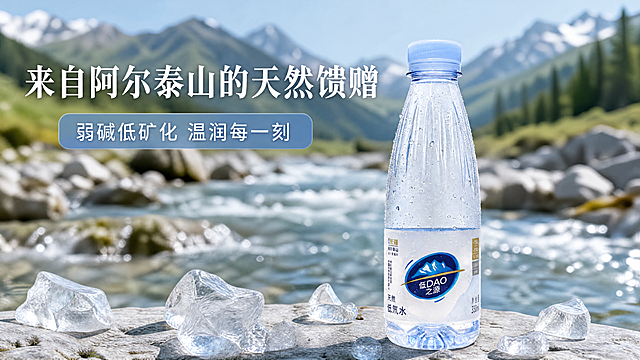 超写实商业产品摄影。
主体：瓶装饮用水严格参照上传产品图，完整保留所有可见组件、部件、轮廓、结构、比例、材质、颜色与产品本体上的文字信息（logo/型号/规格/参数等），与上传图完全一致；清除产品本体之外的多余信息，产品作为唯一视觉焦点，自然融入场景光影，与场景共处同一物理空间。
构图：产品放置在干净浅灰色岩石上，中景平视构图，完整展示产品。
风格：清爽自然冰川水源风，纯净原生态氛围。
场景：阿尔泰山麓清澈溪流边，天然水源地场景。
空间承载：产品放置在干净浅灰色岩石平台上，背景是流动的清澈溪流与远处山林。
道具陈设：①产品前方，零散几块透明碎冰，天然冰晶质感；②背景溪流，流动清澈冷水，远山朦胧绿意。
配色/材质：浅灰/冰蓝/翠绿，岩石/冰块/溪流，整体清爽自然色调和谐。
光影：清晨山间柔和自然光，侧前方打亮瓶身，凸显水珠晶莹和水质清透，整体干净通透。
文字版式：画面顶部大字主文案写"来自阿尔泰山的天然馈赠"，底部浅蓝半透明框标注"弱碱低矿化 温润每一刻"，文字不遮挡产品主体，清晰易读。
参数：4K写实高清。严格锁定宽高比为 16:9