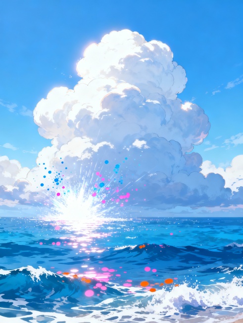 超高清动漫风格插画，广阔无垠的蔚蓝天空中漂浮着巨大蓬松的白色积云，云层边缘泛着柔和的白光，天空呈现出由浅至深的渐变蓝色调。下方是波光粼粼的蓝色海洋，海面上有白色的浪花和粉色、橙色的光斑闪烁，仿佛阳光洒在水面上的效果。画面中央偏左位置，云层与海面交界处有一团明亮的白色光芒爆发开来，伴有蓝色和粉色的粒子向四周飞溅，整体画面充满了梦幻、清新、治愈的氛围，色彩明快鲜亮，光影对比强烈，笔触细腻柔和，具有……预览效果