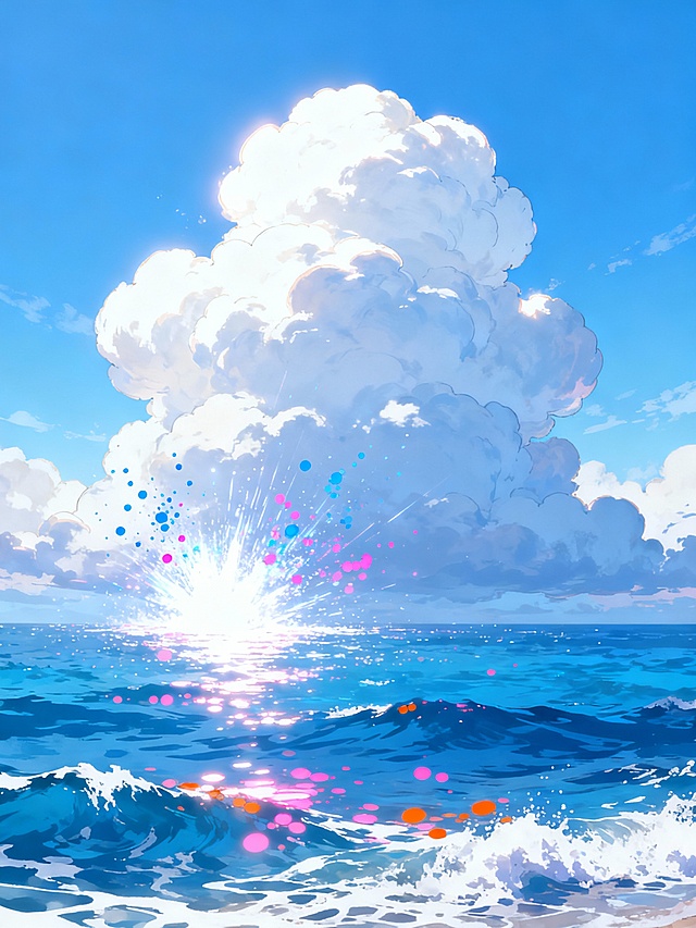 超高清动漫风格插画，广阔无垠的蔚蓝天空中漂浮着巨大蓬松的白色积云，云层边缘泛着柔和的白光，天空呈现出由浅至深的渐变蓝色调。下方是波光粼粼的蓝色海洋，海面上有白色的浪花和粉色、橙色的光斑闪烁，仿佛阳光洒在水面上的效果。画面中央偏左位置，云层与海面交界处有一团明亮的白色光芒爆发开来，伴有蓝色和粉色的粒子向四周飞溅，整体画面充满了梦幻、清新、治愈的氛围，色彩明快鲜亮，光影对比强烈，笔触细腻柔和，具有强烈的视觉冲击力和艺术美感。