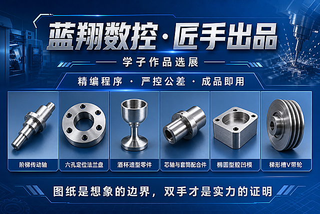 横版专业喷绘海报，蓝色调为主色调，专业工业风格，展示数控学子作品。顶部主标题文字 "蓝翔数控·匠手出品"，副标题文字 "学子作品选展"，中部卖点文字 "精编程序 · 严控公差 · 成品即用"，中部整齐陈列六款数控作品：阶梯传动轴、六孔定位法兰盘、酒杯造型零件、芯轴与套筒配合件、椭圆型腔凹模、梯形槽V带轮，所有零件金属质感清晰，底部文案 "图纸是想象的边界，双手才是实力的证明"。排版精美，分区清晰，专业大气，蓝色渐变背景，金属工业质感，所有文字清晰可读，信息层级分明，四边留足安全边距。