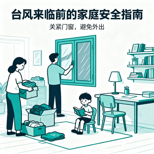白色背景插画，主题是台风来临前，一家人在家里，门窗都已经关紧，人们在室内安全活动，扁平简约安全科普插画预览效果