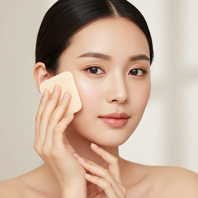 帮我生成一张国内粉饼年轻美妆模特，手拿着粉扑拍脸的图片，整体效果要好不违和