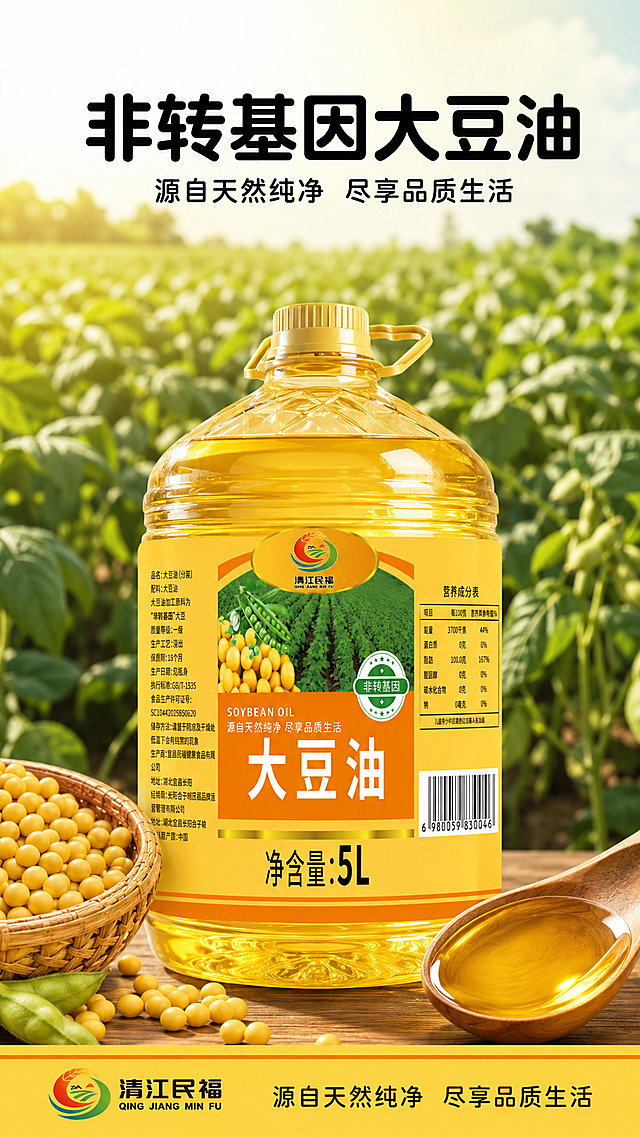 [第1屏] 详情页头图-非转基因大豆油5L产品宣传海报。
[氛围/风格] 自然健康农产品风格，商业摄影质感，清新温暖，突出天然健康氛围。
[元素布局] 5L桶装大豆油包装放在画面中下区域，占据画面60%-65%主体。保持原包装的黄底色、橙色标题区、大豆图片、品牌标识、所有文字信息与输入图片一致。背景上方为绿色大豆田实景虚化，前景左下摆放一篮新鲜饱满的黄豆，右下放置一个木勺盛着金黄清澈的大豆油，整体无边框满铺画面。
[光影质感] 顶部自然光柔和照射，油体和黄豆有清晰高光，油体通透金黄，整体明亮干净，产品清晰真实。
[配色色系] 全局底色：#F9E076（浅黄）；主体配色：#F28500（橙色标题区）+ #2DA950（绿色标识）+ #1A1A1A（黑色文字）；辅助色：#4DA640（背景绿色）+ #F7D038（黄豆黄）。
[视角构图] 平视角度，产品居中偏下，上方预留标题区域，背景干净有层次，自然田园氛围浓厚。
[文字版式] 顶部居中大标题「非转基因大豆油」，黑色加粗圆角黑体，字号为画面宽度8%，字色统一黑色填充。下方副标题「源自天然纯净 尽享品质生活」黑色常规圆角黑体，字号约主标题40%。底部放品牌标识横条，使用与包装一致的字体和颜色，文字不遮挡主体产品。全程遵循：字形为圆角黑体，全套仅使用黑色一种字色，统一纯色填充，版式载体保持自然简约风格。
[比例分辨率] 9:16 竖版比例，2k 分辨率，文字清晰可辨，超高清。
[负向提示词] 包装变形，文字错乱，产品模糊，背景杂乱，水印，过度调色，油体浑浊