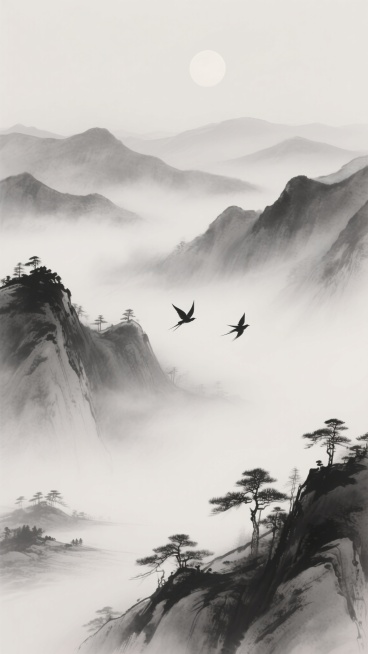 中国水墨画风格的背景，以黑白灰为基调，远山层叠起伏，山间云雾缭绕，朦胧缥缈，天空中有一轮淡淡的圆月，两只飞鸟翱翔于山谷之间，近处的山峰上点缀着稀疏的松树，整体意境悠远宁静，留白充足，线条简洁而富有韵味，营造出空灵淡雅的东方山水意境。预览效果