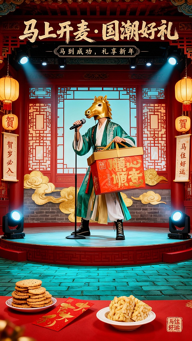 国潮风融合拟人化马头形象，鎏金面具与剪纸元素点缀中式庭院舞台，喜庆红绿配色烘托新年氛围，手持礼盒与麦克风传递“马上开麦”的节日祝福。