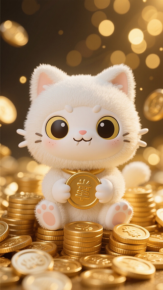 软3D风可爱猫咪，毛发生长质感，手持鎏金铜钱，重拟物设计，喜庆卡通感，背景金光闪烁，寓意新年招财纳福。