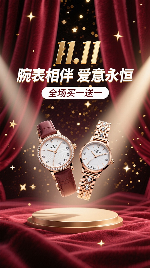 海报采用深邃的勃艮第酒红色背景，犹如天鹅绒幕布。画面中央，一道光束打下，聚焦于一对优雅交叉的男女款奢华腕表。表盘上的钻石与金属细节在光线下熠熠生辉，仿佛悬浮于璀璨星河之中。背景中若隐若现的金色光斑，如同繁星点点。
白色的“11.11”logo，巨大亮金色质量的主标题“腕表相伴 爱意永恒”，悬浮于手表上方，与副标题“全场买一送一”形成大小和字重的对比，整体感觉高端、浪漫且充满仪式感。