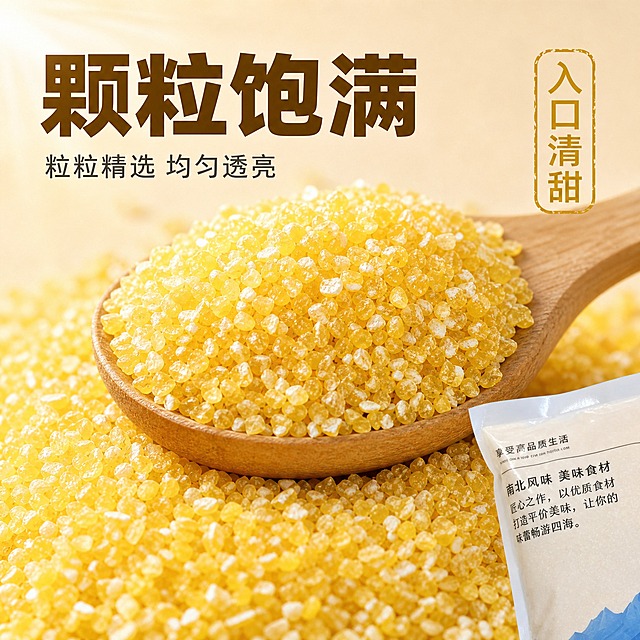 [主图-3] 玉米渣细节微距图，突出颗粒饱满与入口清甜，微观种草。
[统一基调] 抖音食品风格，简洁浅米色渐变背景，暖色调自然暖阳逆光，主标题用粗厚黑体大字，字色深金棕色，辅助文案用浅灰黑体，强调色为暖金黄色，整体干净通透，背景简洁不杂乱。
[画面] 画面中心是一堆倾倒出来的金黄玉米渣颗粒，微距特写，颗粒大小均匀饱满，表面有自然的谷物光泽，每一粒的纹理都清晰可见。颗粒堆中插着一个小木勺，勺中也盛满颗粒。背景是虚化的浅米色，左上角有柔和暖光晕。产品包装袋在画面右下角露出一小部分，作为产品关联。
[光影质感] 微距摄影质感，自然侧逆光，颗粒边缘有透亮的金边，颗粒之间有自然阴影，立体感强，体现真实谷物质感。
[配色] 背景浅米色虚化，主体金黄色颗粒，文字深金棕色与暖金色搭配。
[文字版式] 左上角主标题大字"颗粒饱满"，下方小字"粒粒精选 均匀透亮"。右侧中部有一个竖排的金色印章式小标，内文"入口清甜"。文字不遮挡主体颗粒。
[输出要求] 1:1正方形，颗粒细节清晰，文字可读，禁止变形、错字、模糊、杂乱、水印、平台Logo。