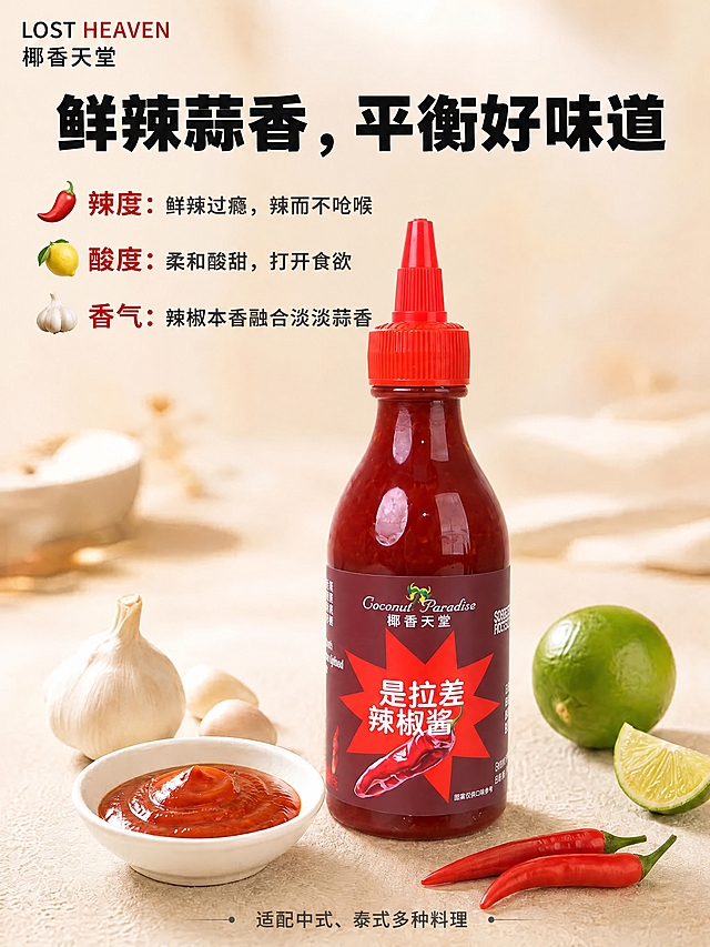 将图中的辣椒酱瓶主体替换为参考图中的椰香天堂是拉差辣椒酱瓶，保持瓶身形状、瓶内液体颜色、标签字样、标签字体、标签logo完全不变，标签文字无乱码。将图中所有“花马天堂”文字替换为“椰香天堂”。保持画面背景、构图、其他元素、光影、风格完全不变，仅修改瓶身主体和指定文字。
