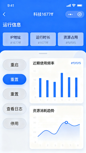 设计前端App助手详情页UI界面，主色为科技蓝#1677ff，包含运行信息区域，显示IP地址、运行时长、资源占用，有重启、重置、查看日志、停用操作按钮，还有使用统计区域，展示近期使用频率、资源消耗趋势预览效果
