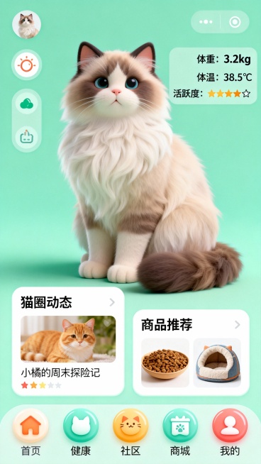 萌系治愈风的喵星日志应用首页UI界面，以薄荷绿为主背景，3D布偶猫咪模型为视觉中心，旁边是猫猫的各项健康指标，下面是猫圈的最新资讯和猫猫的商品推荐，底部功能图标圆润拟物，突出温暖可爱氛围。预览效果