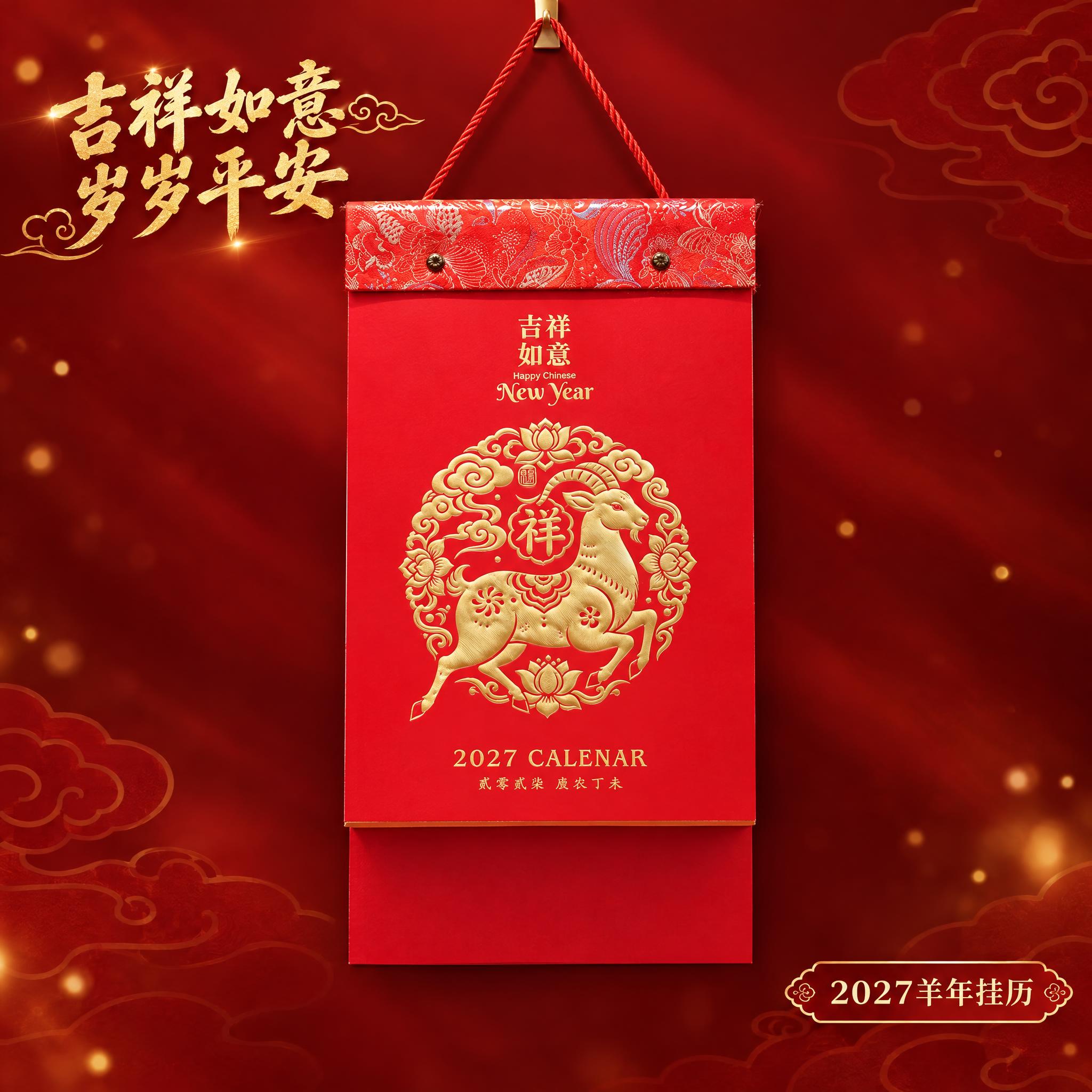 吉祥如意织锦款挂历单独展示，淘宝主图规格高清图。产品居中悬挂展… - 图片创意预览