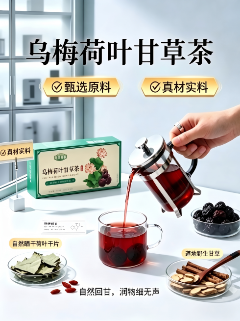 仅将图片主标题和包装盒上的“乌梅荷叶甘草饮”改成“乌梅荷叶甘草茶”，其余所有内容、构图、风格都保持不变预览效果